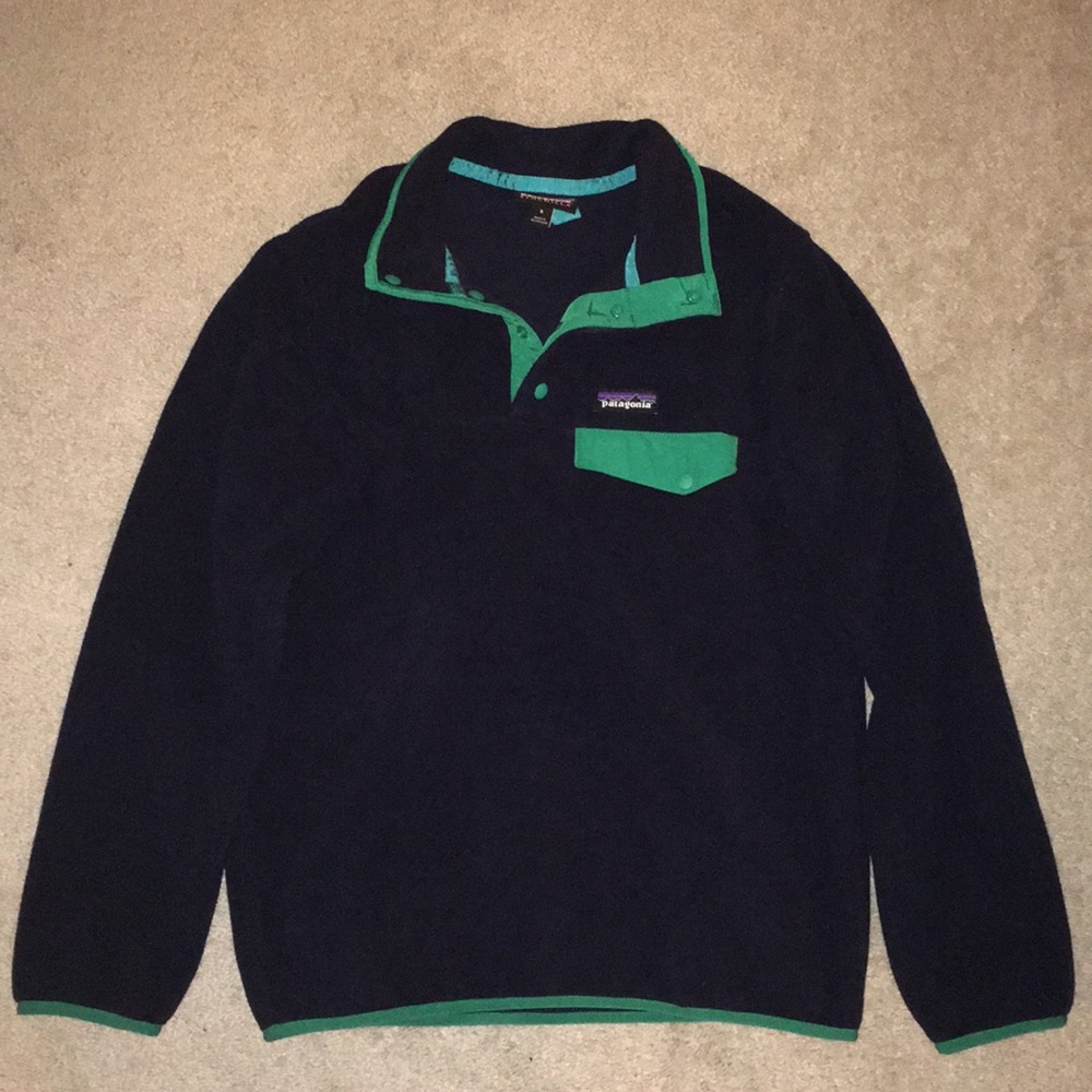 Patagonia Synchilla pullover in navy and teal